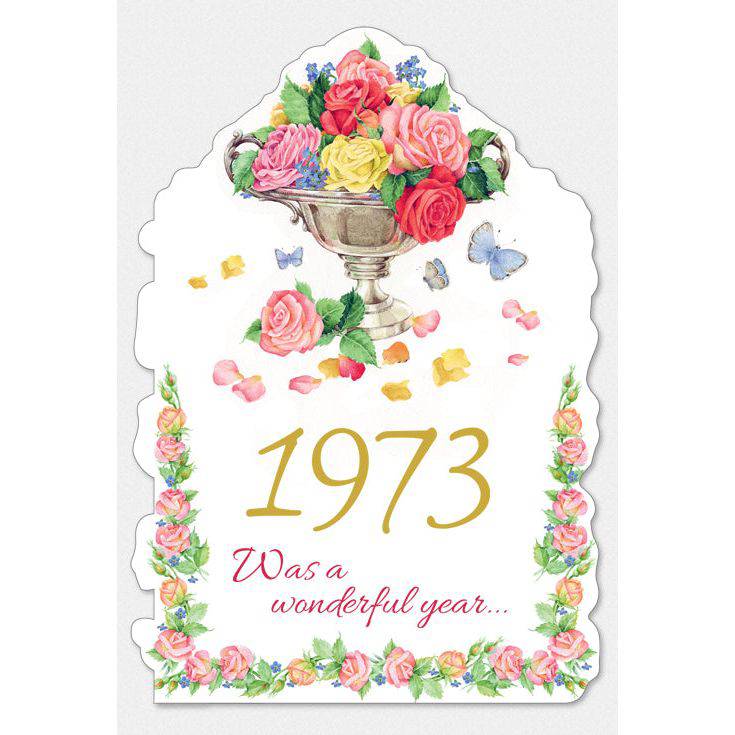 Pictura Year of Birth 1973 card featuring a colorful design celebrating the year of birth with decorative elements.